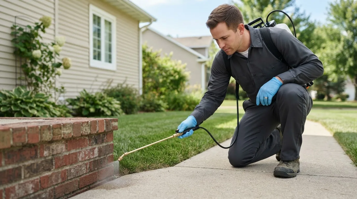 Pest control technician treating a home near Mentcle, PA