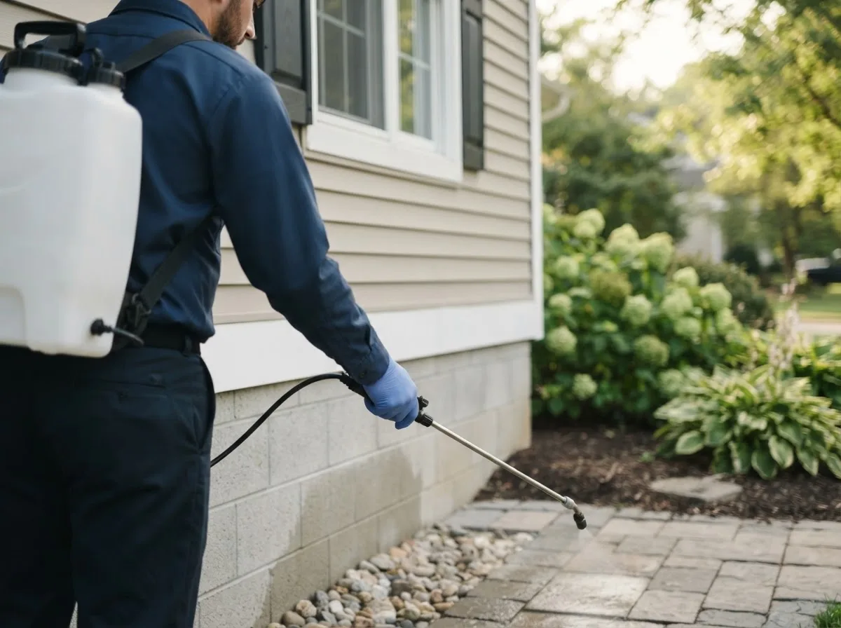 Pest control technician inspecting a home in Mentcle, PA